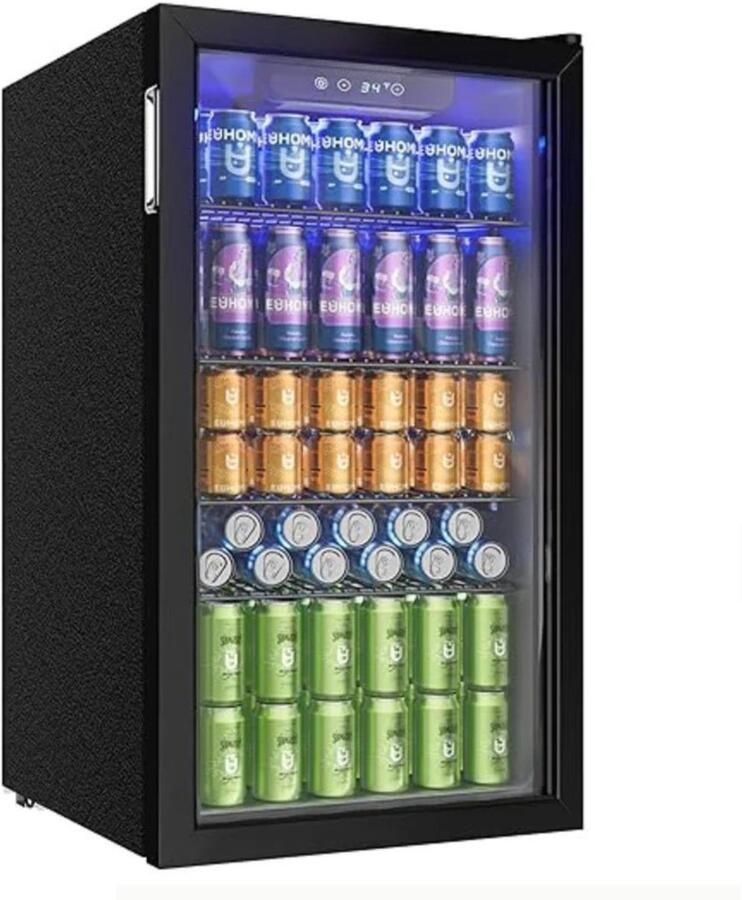 Linkforu Drankenkoelkast Mini Koelkast 126 Blikjes Geruisloos dus ook Ideaal voor in de Camper of Caravan Zwart RVS –Design en Led Verlichting 49×44 5×78 cm