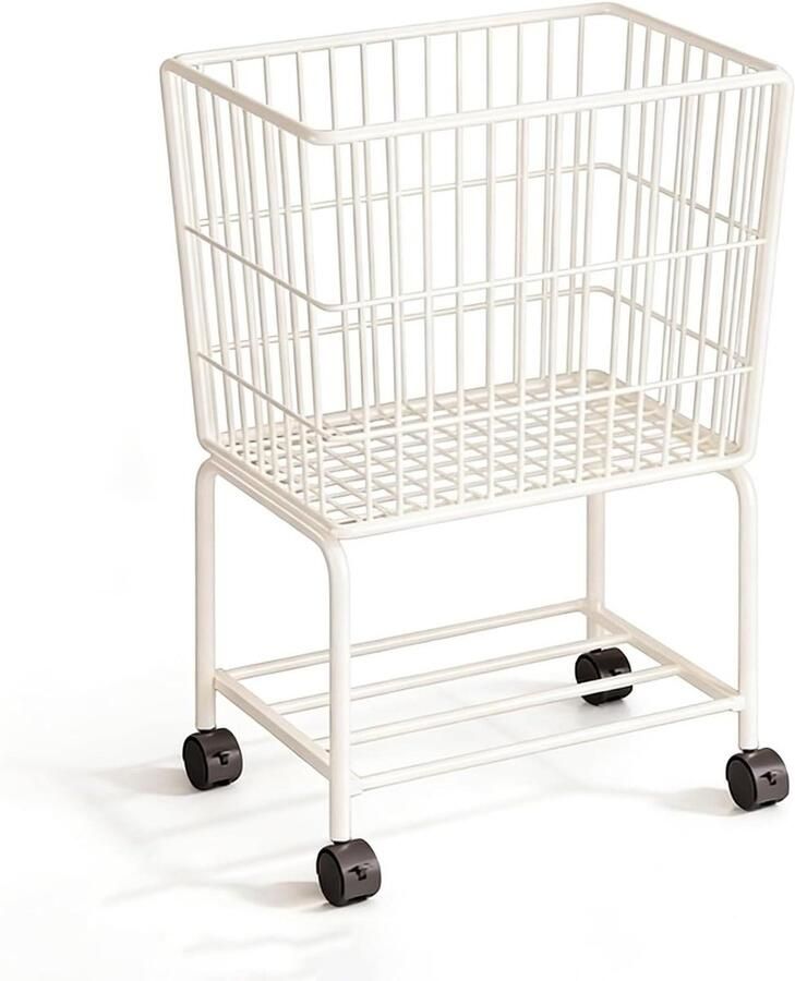 Metalen waskar Dubbele mand Kleding sorteren Afsluitbare wielen 36 x 24 x 64 cm Wit