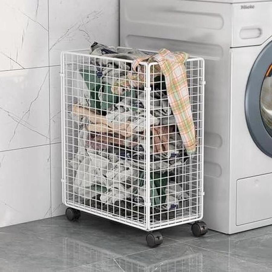 Metalen wasmand Kledingmand op wielen Wassen organiseren Geventileerd roosterontwerp Compact en opvouwbaar Wit