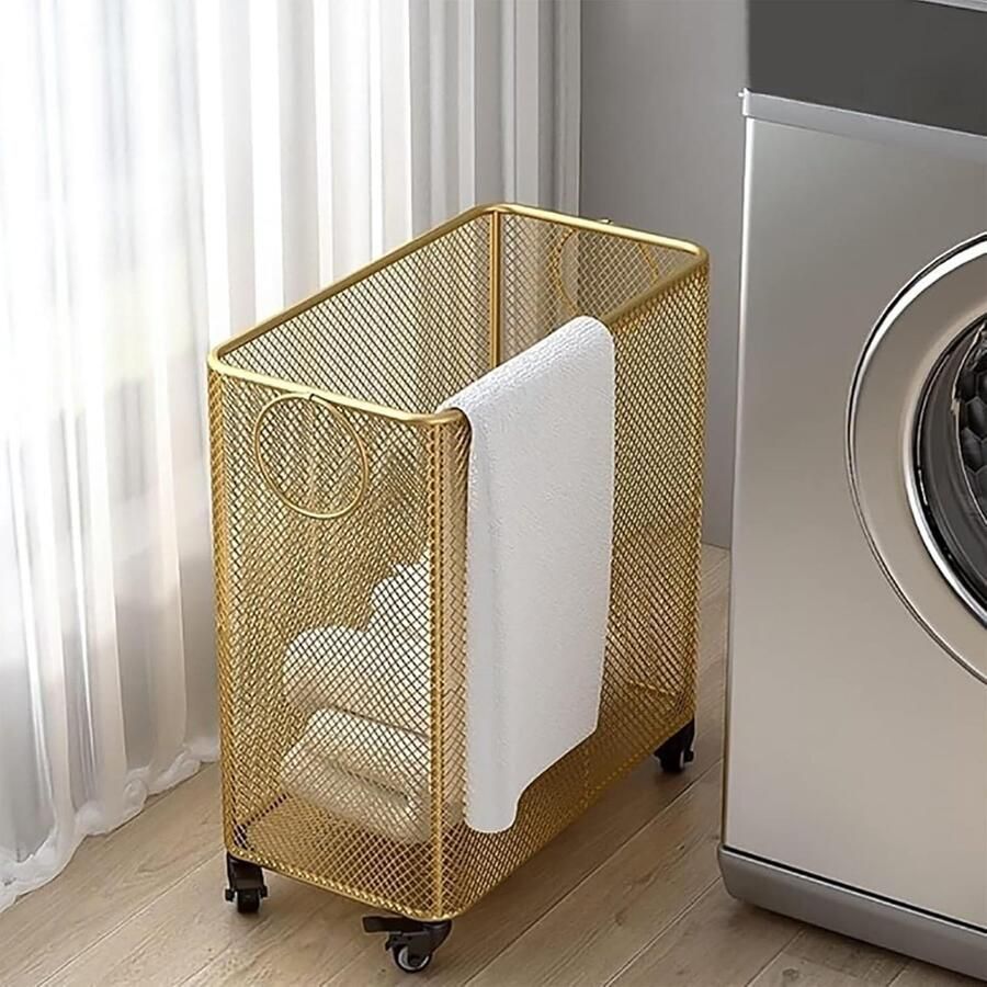 Metalen Wasmand Opbergmand Wielen Was Sorteren Ventilerend Rasterontwerp Grote Capaciteit Goudkleurig