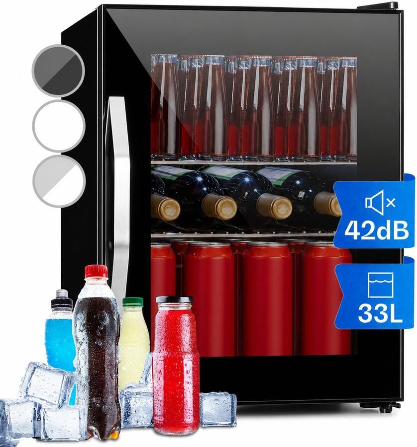Mini Koelkast 33L – Drankenkoelkast met Glazen Deur – 0-10°C Instelbaar – Stil – LED Verlichting – Zwart