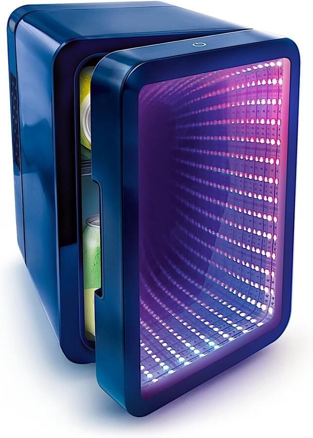 Mini Koelkast 4 Liter met Infinity LED Effect – Compacte USB Koelkast voor Gamers Studenten en Kantoor – Spiegeldeur met Verlichting – Voor 6 Blikjes Snacks en Cosmetica