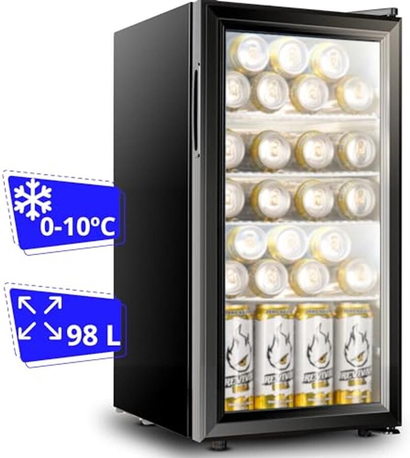 Mini-koelkast met glazen deur 35-98 liter en energiebesparend