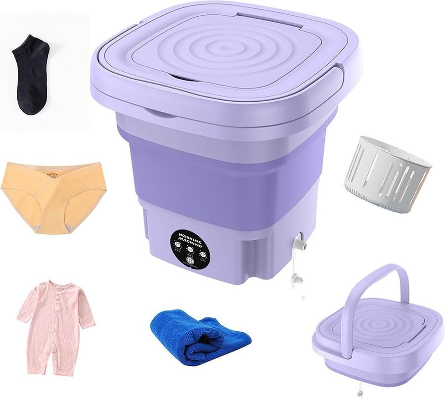 Mini wasmachine Opvouwbare wasbak Kleine wasjes doen Draagbaar en opvouwbaar 12 liter capaciteit Paars