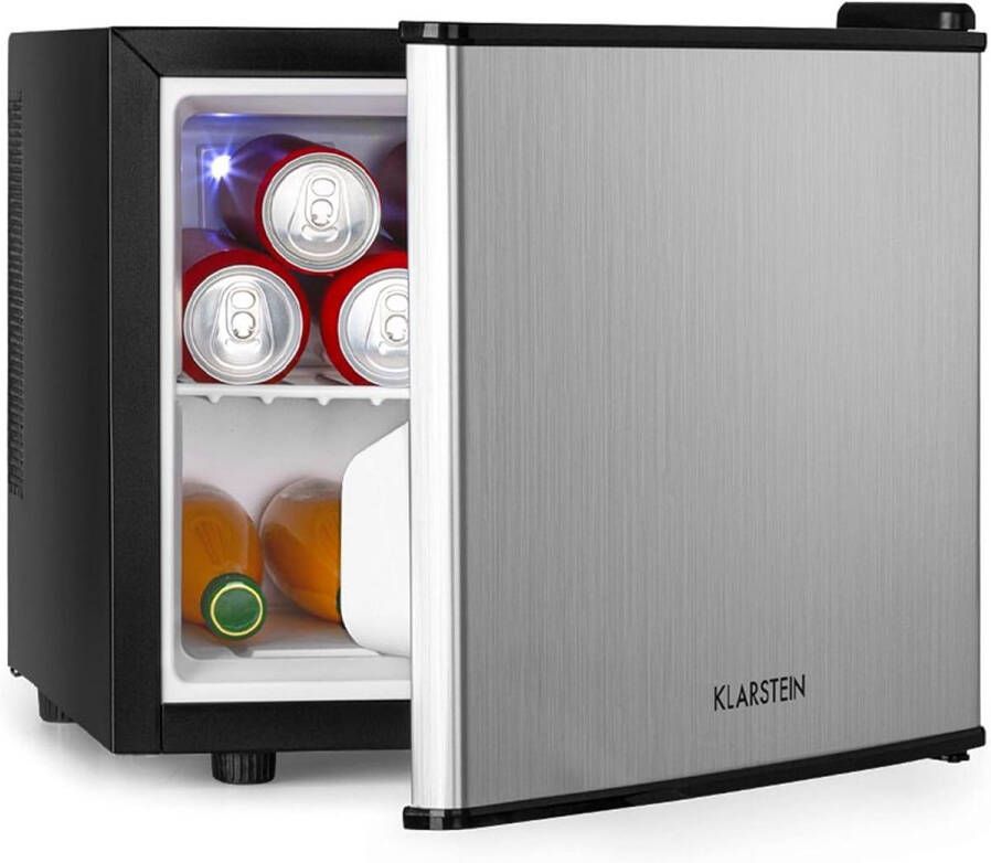 Minibar Minikoelkast voor Snacks en Dranken 17 Liter Geluidloos Traploze Temperatuurregeling Uitneembaar Plateau Zilver