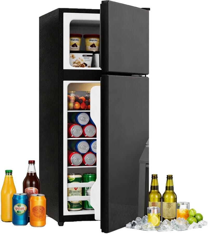 Minikoelkast met vriesvak 92 liter – 2-in-1 – Glazen deur met LED-verlichting – Stil bedrijf 45 dB – Voor keuken kantoor en studentenkamers – 42 5 x 42 5 x 102 cm