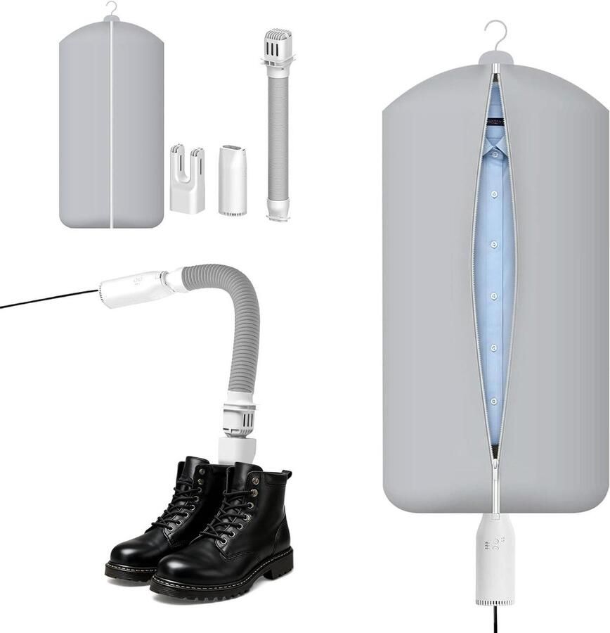 Multifunctionele droger Droogt kleding schoenen en dekbedden met een timer van 1 tot 3 uur. Compacte draagbare droger