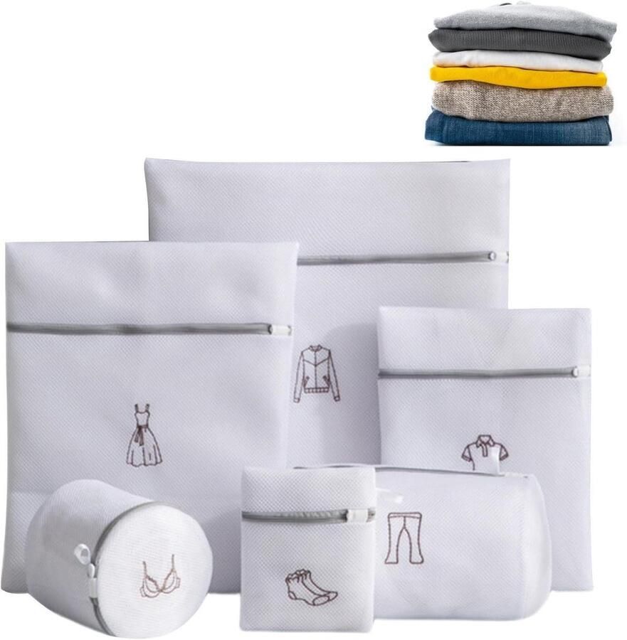 Nettas voor wasgoed Waszak met ritssluiting Kleding beschermen Roestbestendige ritssluiting 6-delige set Wit