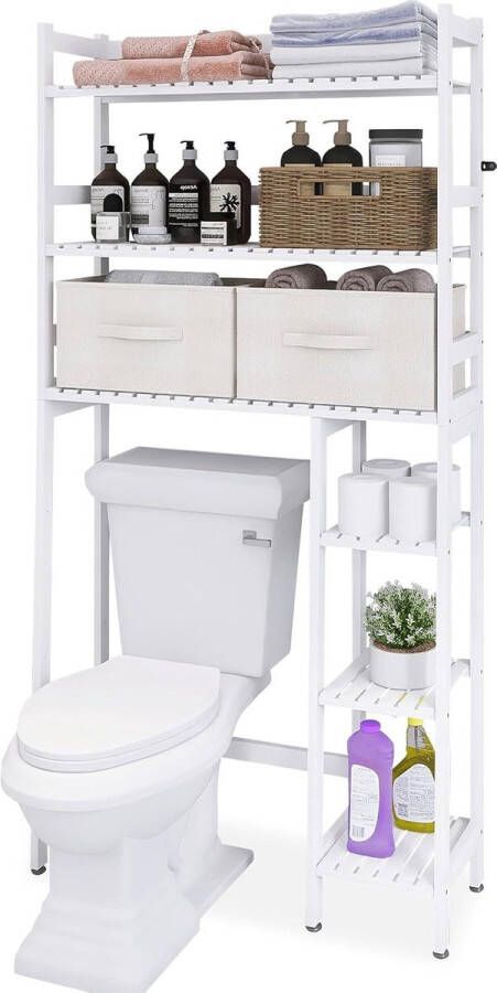 Opbergrek met Lade Bamboe Badkamer Over-Te-Toilet Ruimtebespaarder met Verstelbare Planken Wit Wasmachine rek
