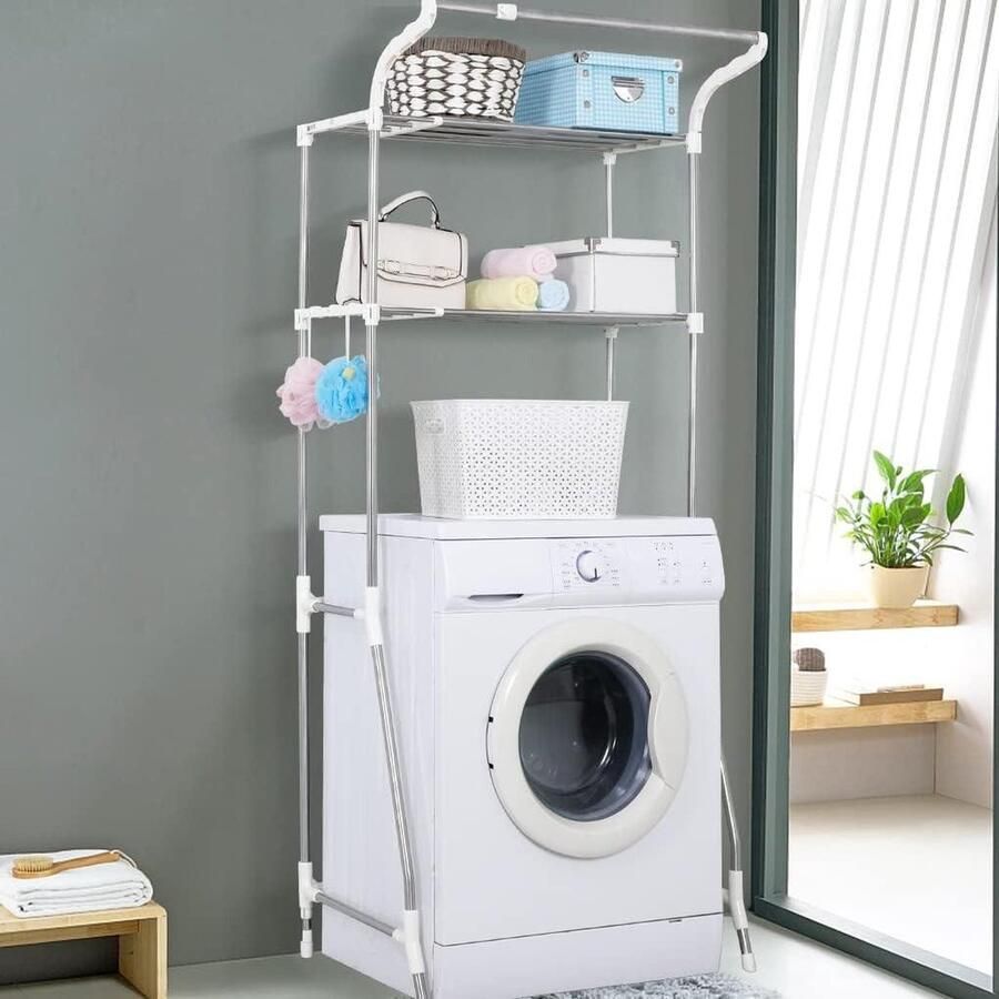 Opbergrek voor wasmachine boven toilet 2-laags badkamerplanken ruimtebesparende organizer verstelbaar wit (58-95) x 49 x 179 cm Wasmachine rek