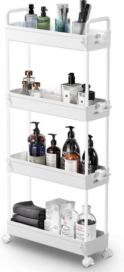 Opbergtrolley kar met 4 lagen uitschuifbaar en smal rollende boodschappenkar met mobiele opslagrekken organizer voor keuken badkamer wasruimte slaapkamer kunststof wit Wasmachine rek