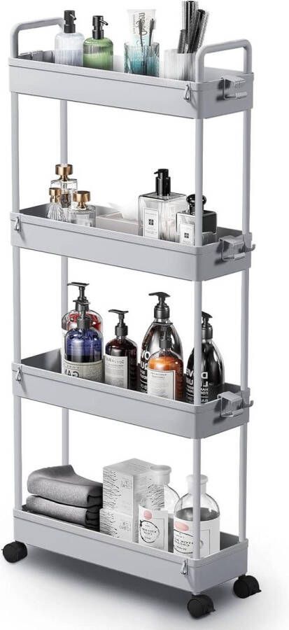 Opbergtrolley uitschuifbare rollende boodschappenkar 4-laags mobiele opslagrek organizer voor keuken badkamer wasruimte grijs Wasmachine rek