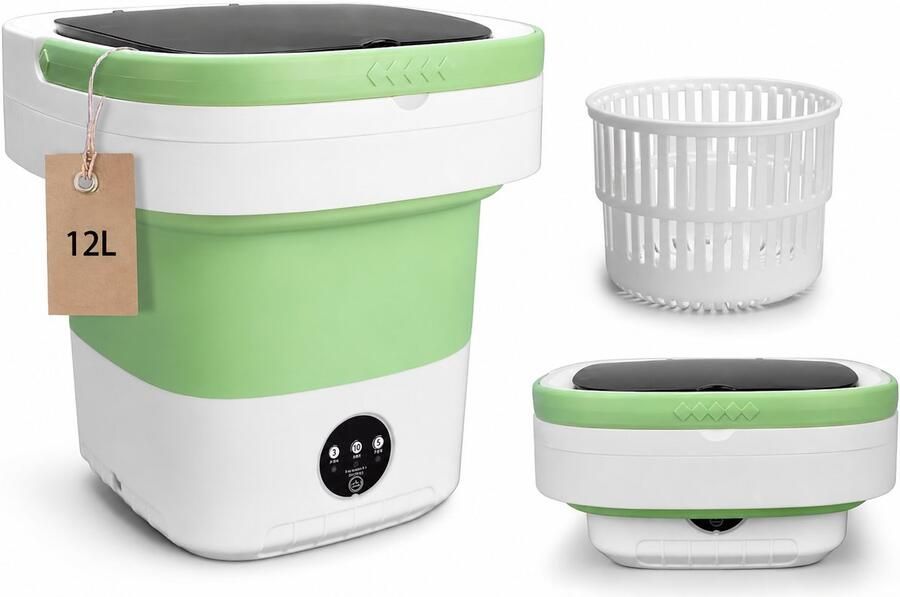 Opvouwbare Mini Wasmachine 12L Camping Wasmachine met Centrifuge Mandje Draagbare Kleine Wasmachine voor Camping Apartement Kamer of Reizen Smart Touch 31.8 x 31.8 x 33 cm Groen & Wit
