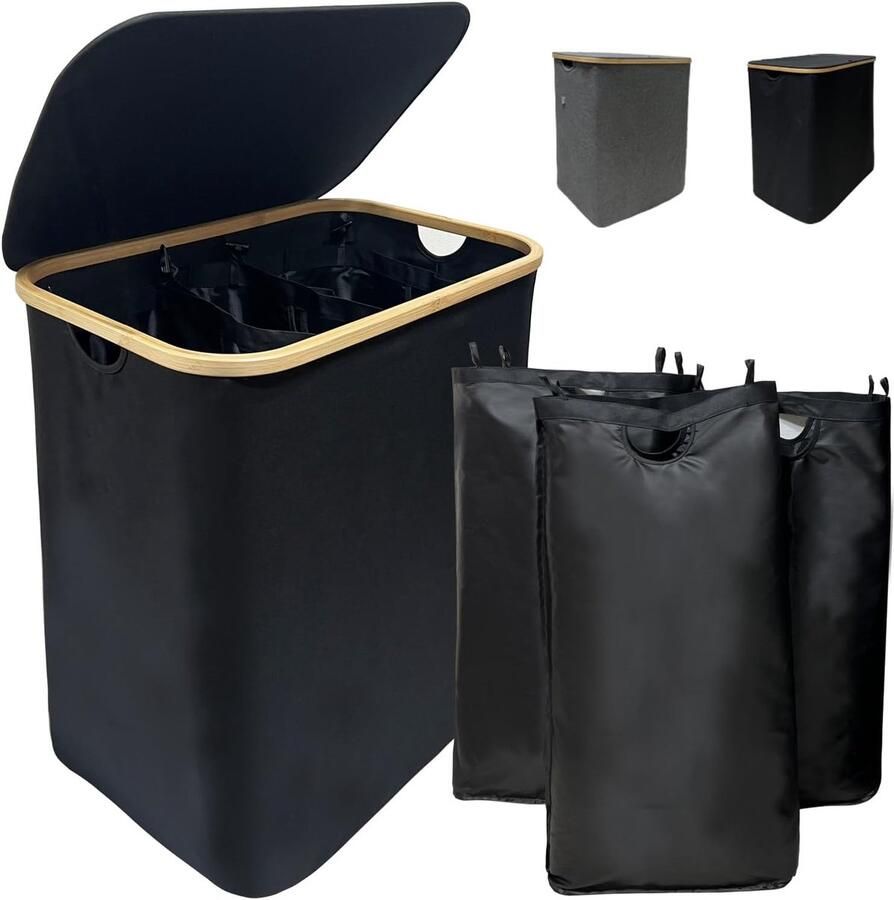 Opvouwbare wasmand Wasopberger met deksel Kleding sorteren 160L grote capaciteit 57x37x75 cm Zwart