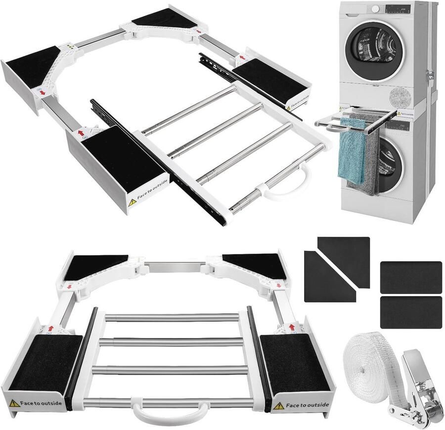 Overlappingsset voor wasmachine en droger met ratelriemen Universeel tussenframe met uittrekbare handdoekhouder Verstelbaar van 46 tot 72 cm