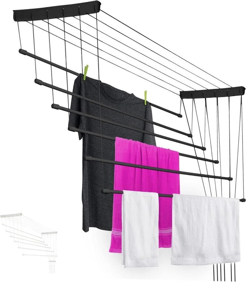 Plafonddroger Wasrek Wanddroger Droogrek Was Drogen Ruimtebesparend Ontwerp 6 x 140 cm Zwart