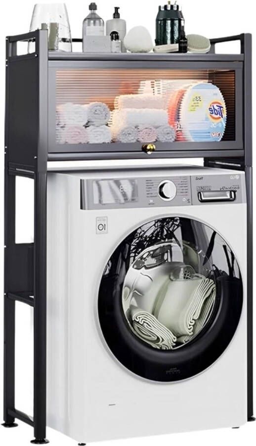 Plank met Vouwdeuren voor Boven Wasmachine Waterdicht Opbergrek Multifunctionele Organisatorplank Ruimtebesparend met 2 Niveaus Verstelbare Poten in Hoogte Wasmachine rek
