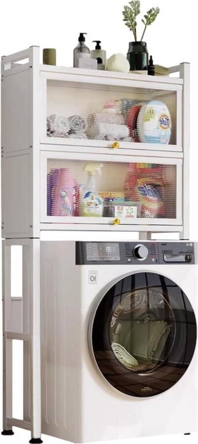 Plank met Vouwdeuren Waterdicht Opbergrek voor Wasmachine Multifunctionele Organisatorplank met 3 Niveaus In hoogte Verstelbare Poten Ruimtebesparend Wasmachine rek
