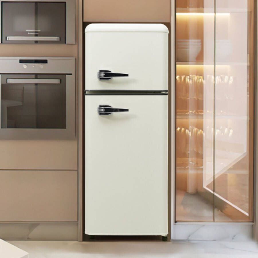 Retro koelkast. Coole en vriezercombinatie 105 5 cm hoog 41 cm breed tweedeurs met een totaal van 92 liter totaal volume 28 liter vriezervolume. Deurplanken en glazen planken. 116 kWh jaar -27 ° C ~ 13 ° C LED -licht - Foto 2