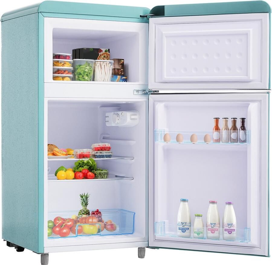 Retro koelkast Dubbeldeurs koelkast Koel-vriescombinatie Vrijstaand 72L 39dB LED licht Keuken 91 cm Koelen Cyaan