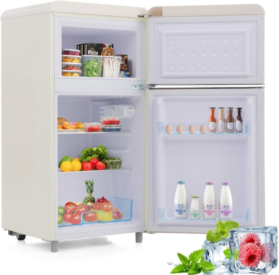 Retro koelkast dubbele deur boven en onder totaal volume van 72 liter met een vriescapaciteit van 21 liter 120 kWh jaar ledverlichting. Verkrijgbaar in kleuren. [Energieklasse E]