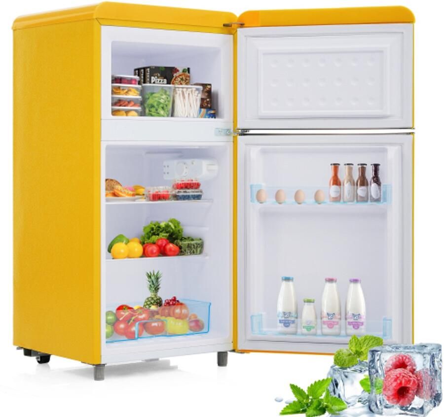 Retro koelkast met dubbele deur boven en onder totale inhoud 72 liter met 21 liter vriescapaciteit 120 kWh jaar led-verlichting. Verkrijgbaar in kleuren. [Energieklasse E]