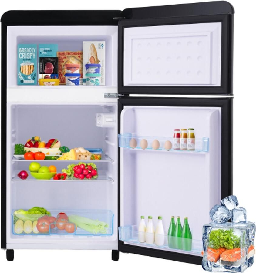 Retro koelkast met dubbele deur boven en onder totale inhoud 72 liter met 21 liter vriescapaciteit 120 kWh jaar led-verlichting. Verkrijgbaar in kleuren. [Energieklasse E]