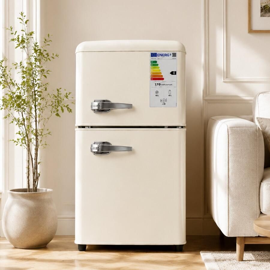 Retro koelkast- Mini koelkast Vrijstaande koelkast-Koelkast met vriesvak – 7 standen – LED licht – Stil Kantoor 60L- 1 Crème