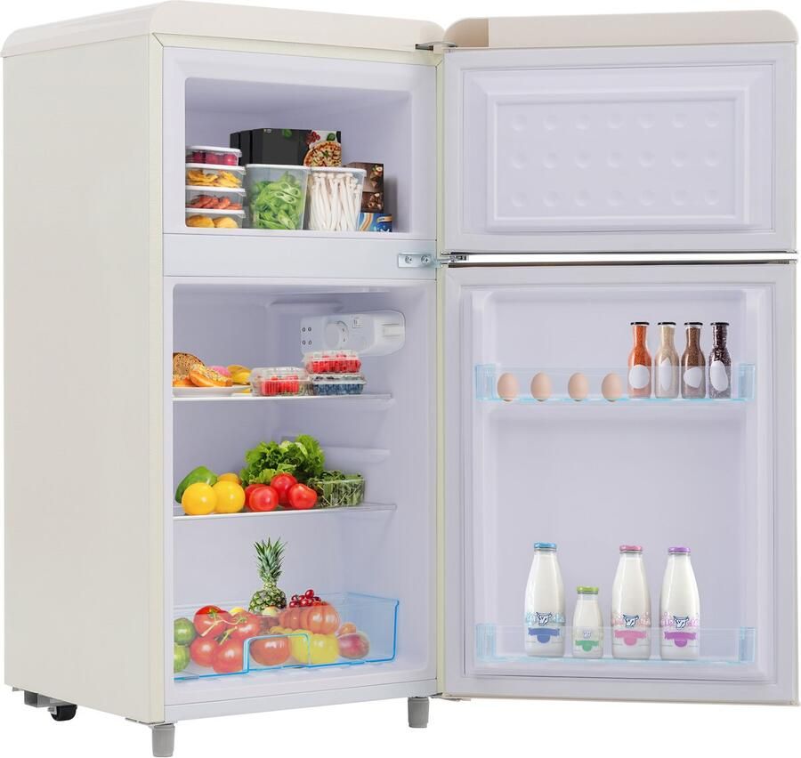 Retro Koelkast Mini Koelvriescombinatie Dubbeldeurs Koelkast Vrijstaand – 72L – Klasse E – Stil 39dB LED Slaapkamer 91cm Vriesvak Wit