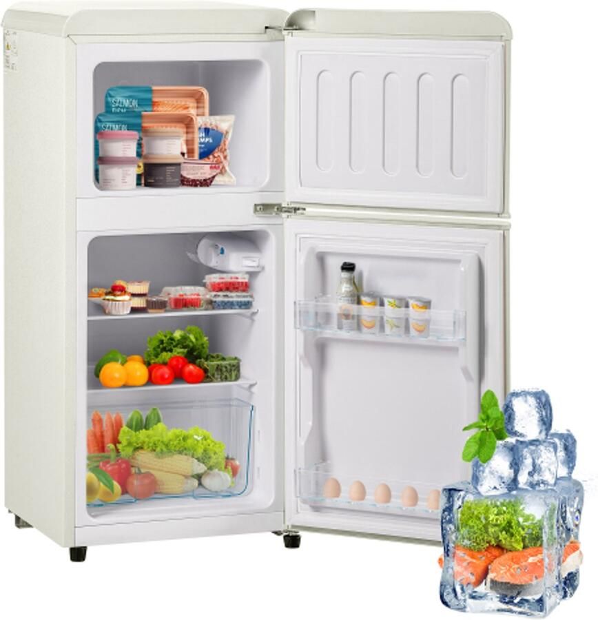 Retro koelkast. Vriescombinatie. 88 8 cm hoog 45 5 cm breed tweedeurs met een totaal volume van 60 liter een vriescapaciteit van 22 liter. 102 kWh jaar -27 °C ∽ 13 °C ledverlichting. Crèmewit energieklasse E