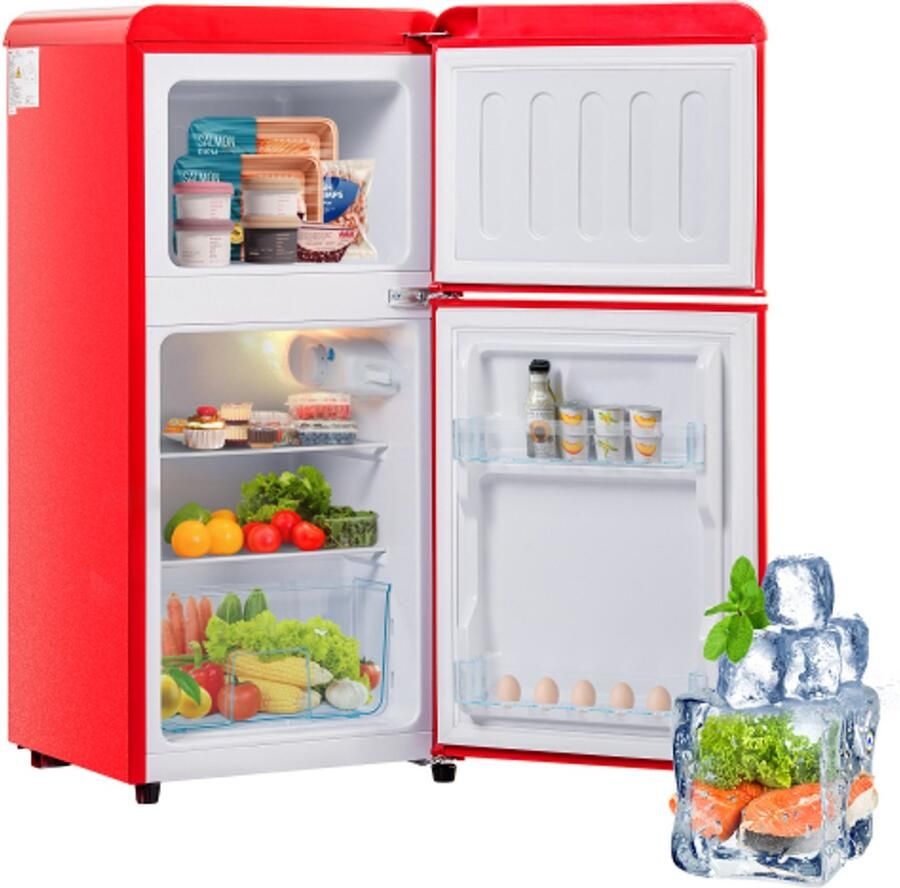 Retro koelkast. Vriescombinatie. 88 8 cm hoog 45 5 cm breed tweedeurs met een totaal volume van 60 liter een vriescapaciteit van 22 liter. 102 kWh jaar -27 °C ∽ 13 °C ledverlichting. Premium rood energieklasse E