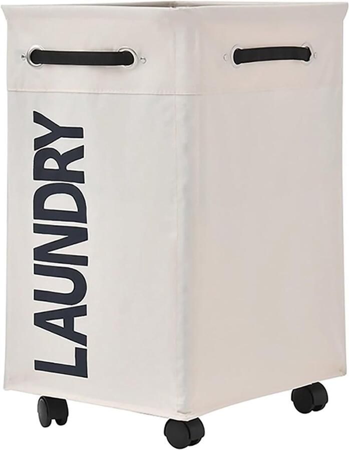Rollende wasmand Kleding opberger Vuile kleding sorteren Opvouwbaar met trekkoord 75L capaciteit Beige