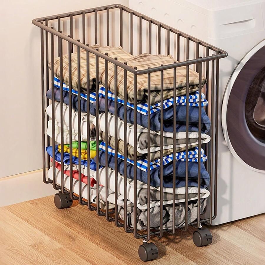 Rollende wasmand Opbergmand kleding Vuile was sorteren Slank smal design 56 x 20.5 cm Zwart