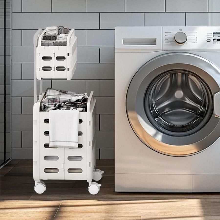 Rollende Wasmand Opvouwbare Mand Kleding Sorteren Dubbel Compartiment 37x30x80 cm Wit