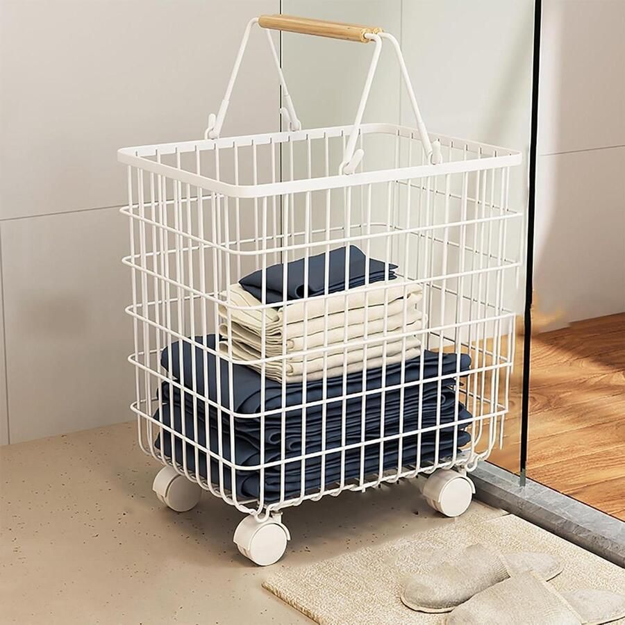 Rollende Wasmand Wastrommel Met Wielen Was Sorteren Afsluitbare Wielen XL Wit