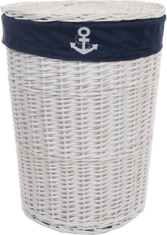 Ronde Wasmand met Deksel van Weide in Wit met Marineblauwe Voering