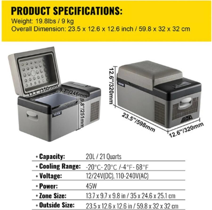 ROOTY mini koelkast Mini koelkast met vriesvak Coolbox Minibar Draagbaar 20L Grijs