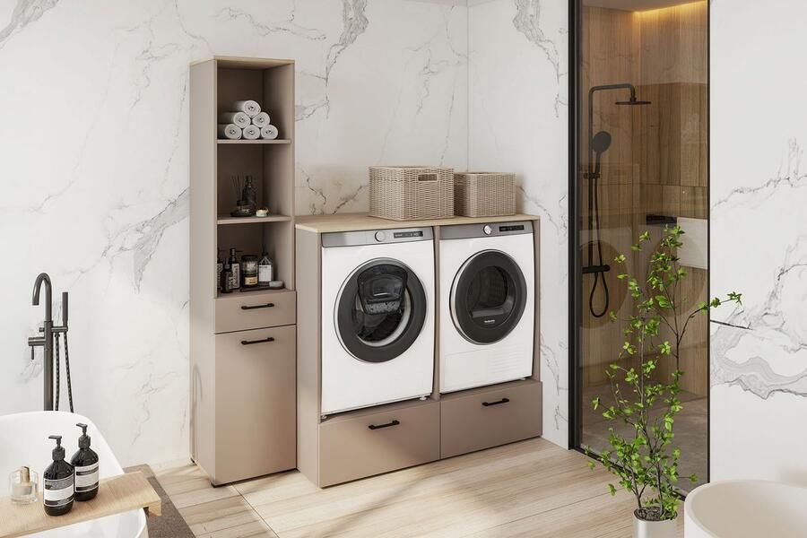 Trendmeubel Wasmachine droger ombouw en kast met wasmand- 132 cm Beige - Foto 2