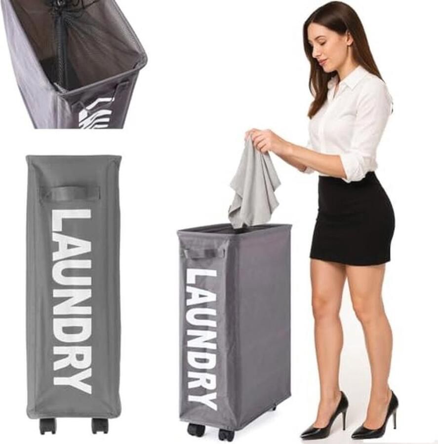 Ruimtebesparende Wasmand met Wielen en Handgreep Inklapbaar en Stevig 39 x 20 x 56 cm