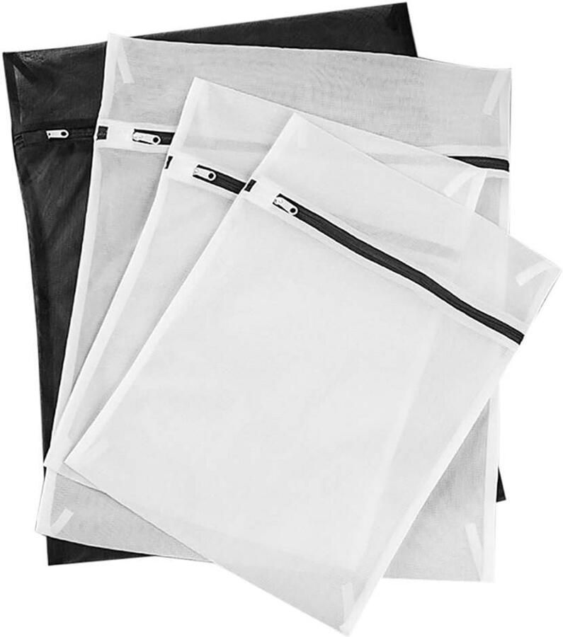 Set van 2 Witte en 2 Zwarte Mesh Waszakken met Ritssluiting voor Wasmachine