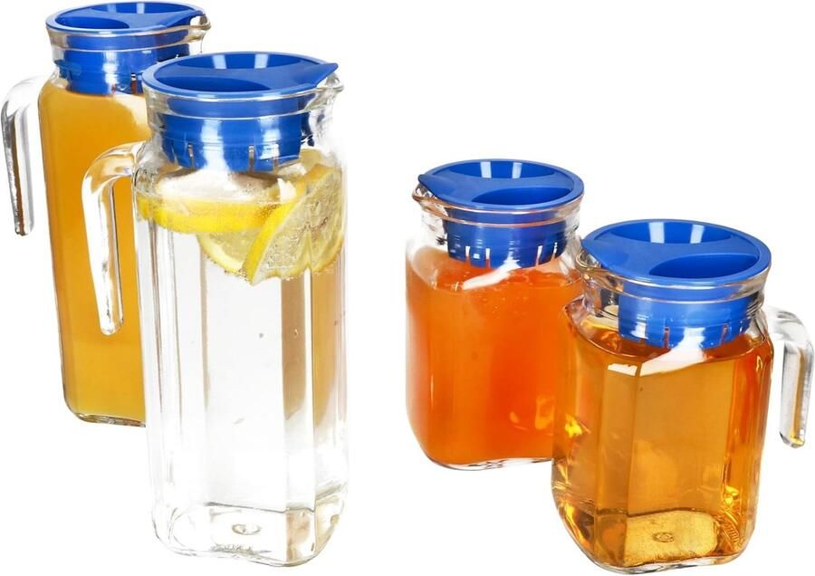 Set van 4 Vierkante Glazen Koelkastkruiken met Deksel 0.5L en 1L