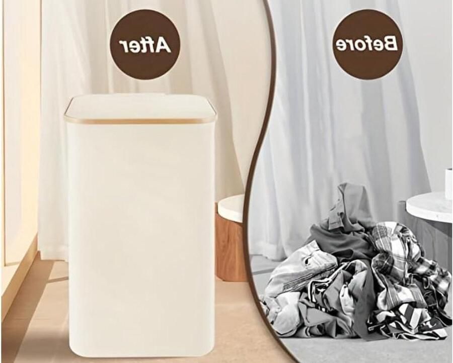 Slim Wasmand Vuilnisbak met Deksel Kleding Opbergen Opvouwbaar met Handvatten 60 liter Wit