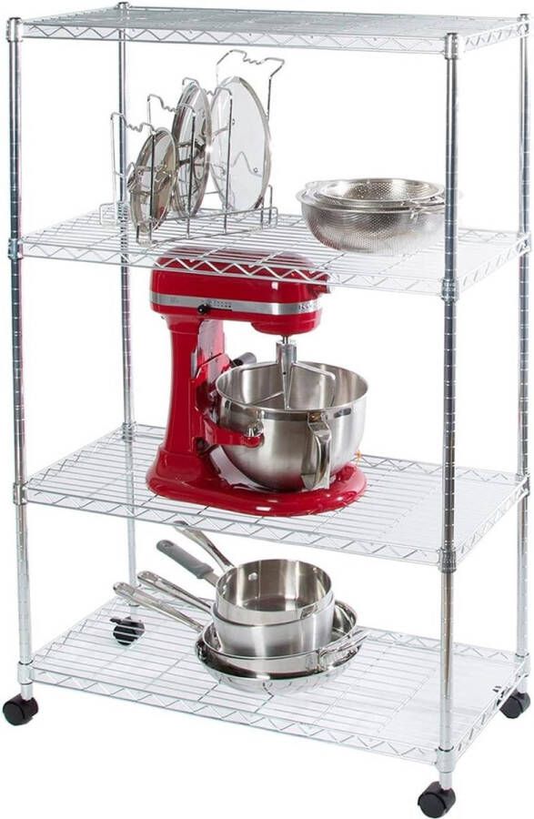 Stalen draadrek 4 verdiepingen met wielen 762 cm B x 356 cm D x 1219 cm H chroom opbergrek met wielen Wasmachine rek