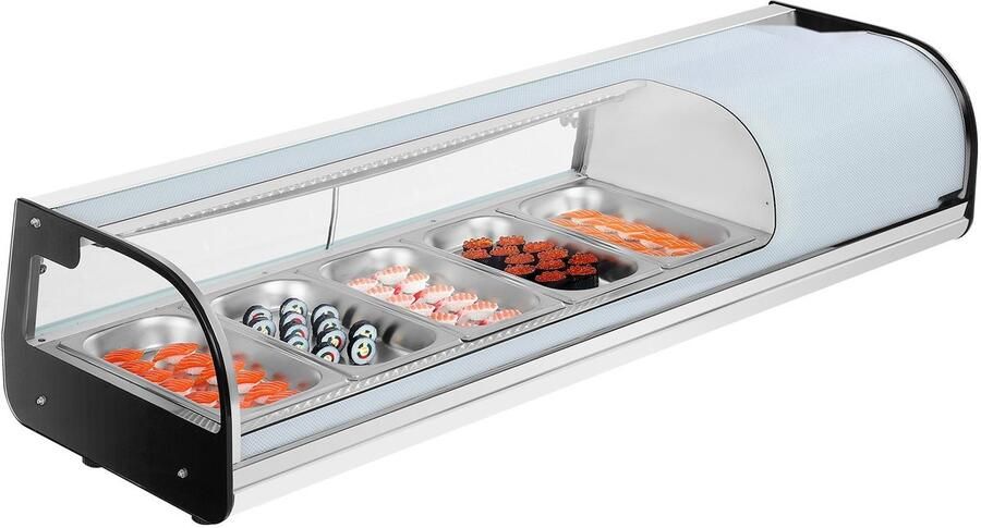 Sushi koelvitrine Commerciële toonbankvitrine Capaciteit 52 l Geschikt voor 5 bakken Gebogen glas LED-verlichting Digitale temperatuurregeling