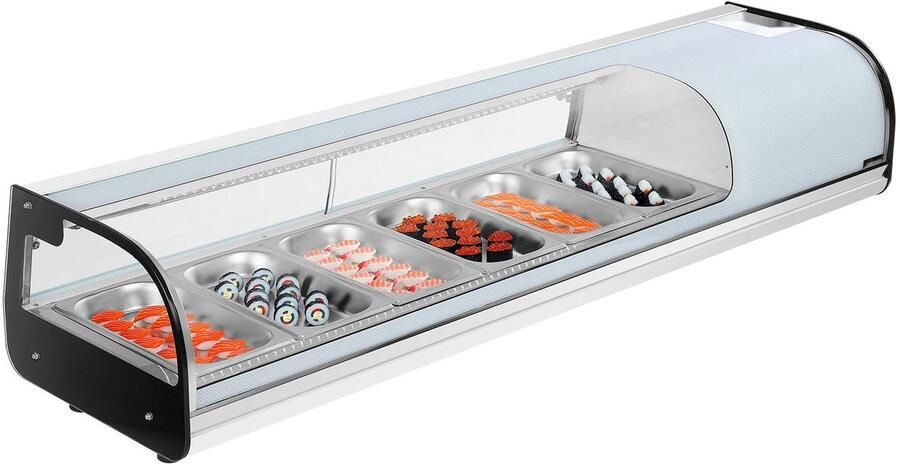 Sushi koelvitrine Toonbankmodel 62 L Voor 6 Bakken Gebogen Glas LED-Verlichting Digitale Temperatuurregeling