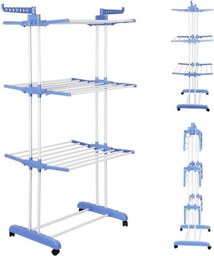 THINFAR Wasdroger wasrek opvouwbaar zijvleugels op 3 niveaus hoge capaciteit (75 x 64 x 170 cm blauw-wit)
