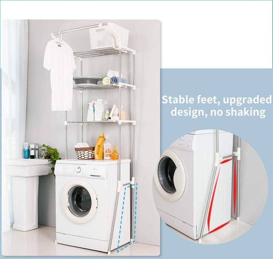 Toilet WC-Rek Opbergrek met 3 Planken voor Boven de Wasmachine en Badkamer Ruimtebespaarder Stand Organizer met Ophangstang en Verstelbare Breedte Eenvoudig te Monteren Ivoor Wasmachine rek
