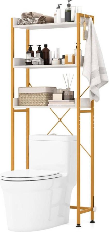 Toiletrek 3-traps badkamerrek ruimtebesparend met 4 haken verstelbare poten voor boven het toilet wit Wasmachine rek