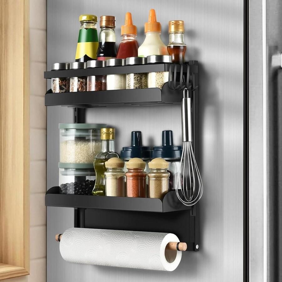Tweelaags Magnetisch Rek voor Koelkast Hangend Kruidenrek met Haken en Handdoekhouder Keukenorganiser met Glazenrek Wasmachine rek