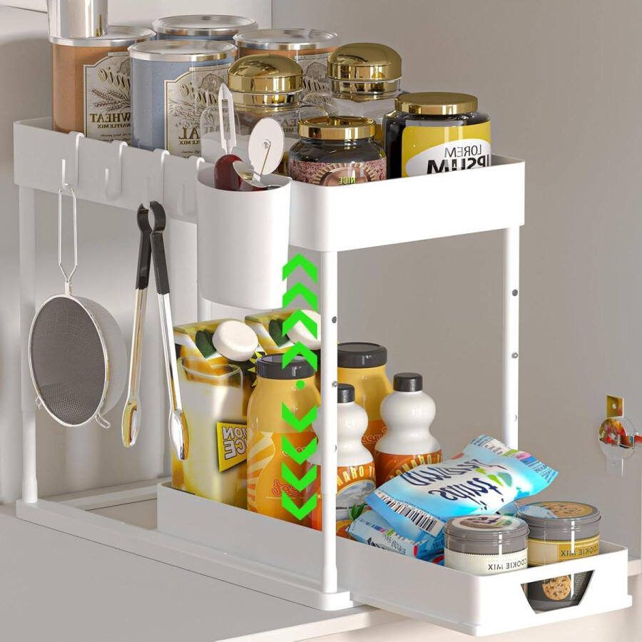 Wastafel Rek Uittrekbare kastorganizer 2 verdiepingen keuken 4 haken hangbeker ...